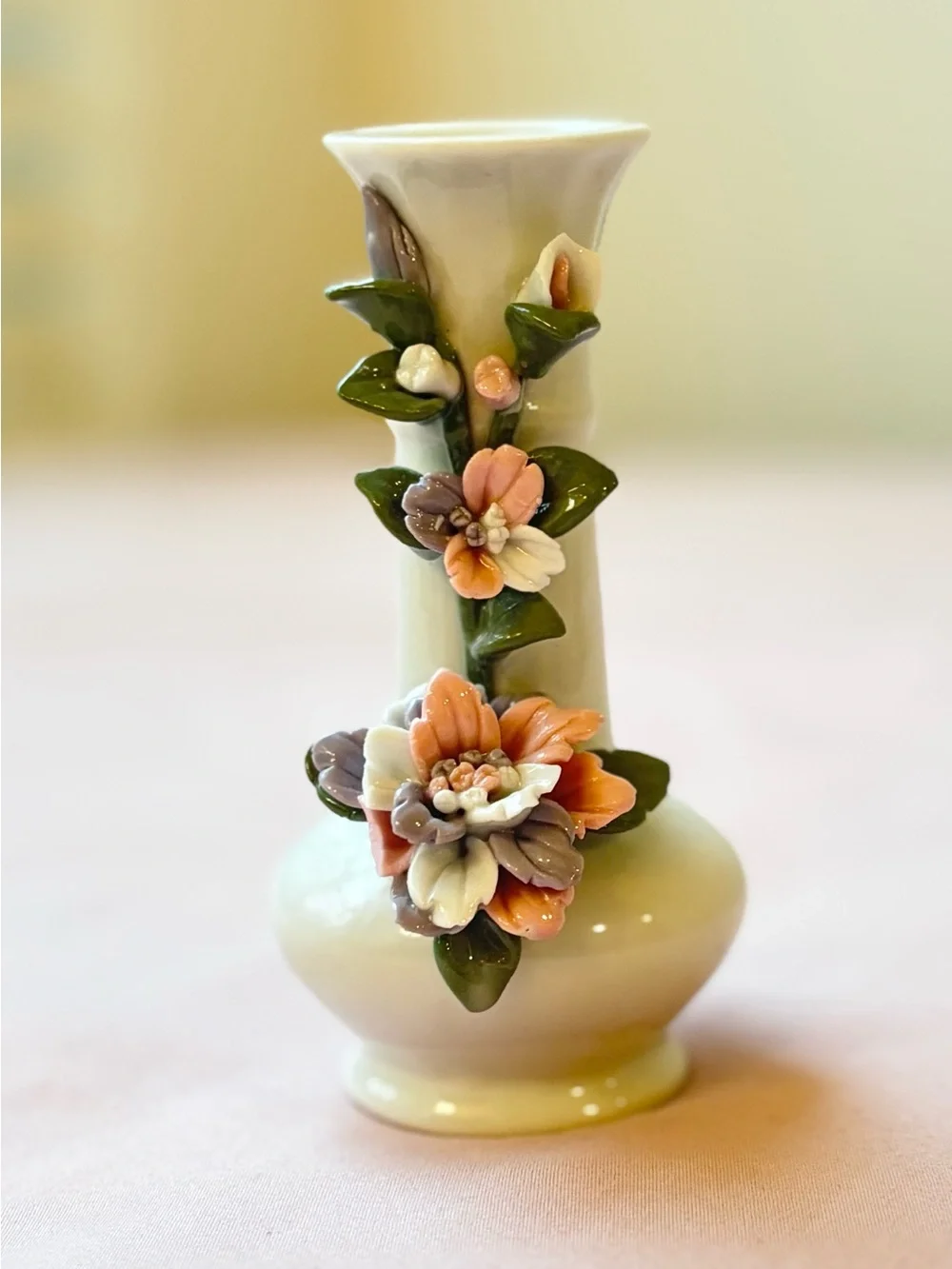 Vintage Chinese Porcelain 3D Floral Bud Vase Cottagecore Shabby Chic